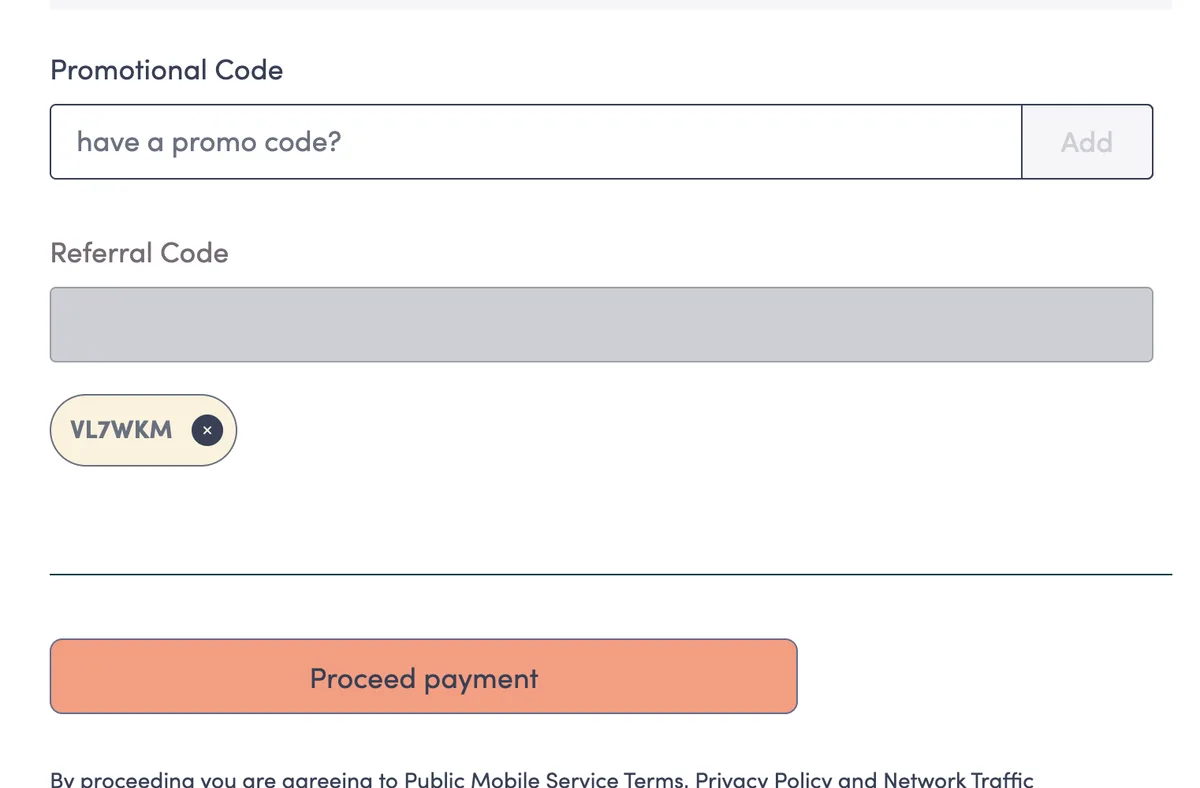 Close-up of Public Mobile's payment page showing the Promotional Code field and, below it, the separate Referral Code field with a referral code applied as a removable chip