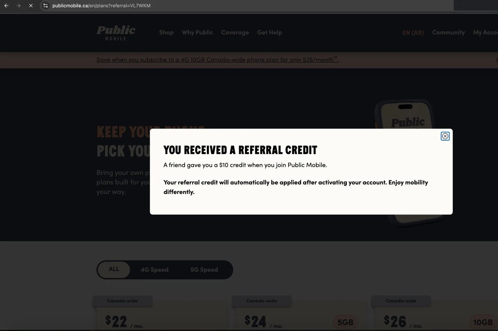 Public Mobile popup after opening a referral link: 'You received a referral credit — a friend gave you a $10 credit when you join Public Mobile. Your referral credit will automatically be applied after activating your account.'