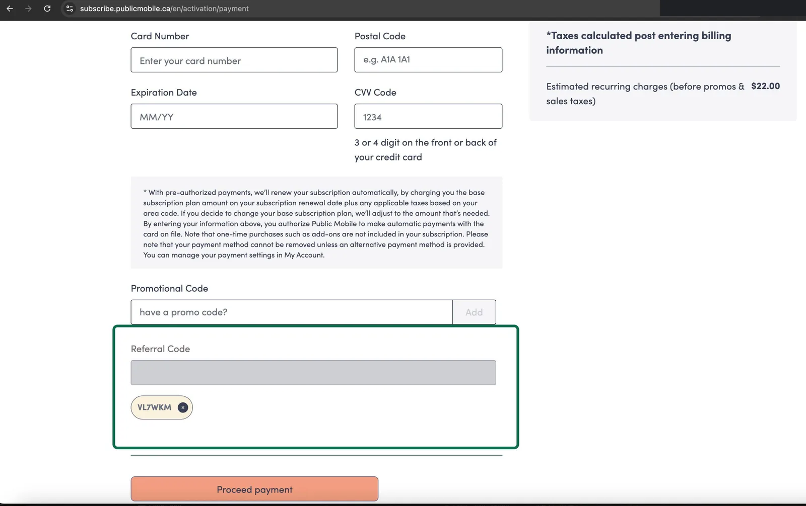 Public Mobile payment step showing the Referral Code field (boxed in green) with the code applied as a chip, separate from the Promotional Code field